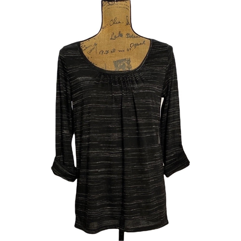 NWT Ann Taylor Top MED‎ Tunic Black White Space Dyed 3/4 Sl Casual Cute